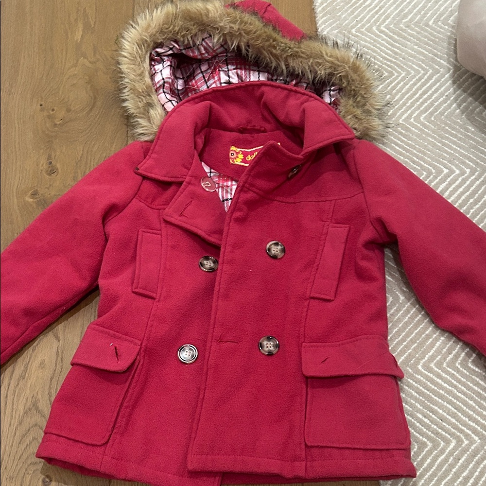 Dollhouse Cherry Pea Coat with Faux Fur Hood
